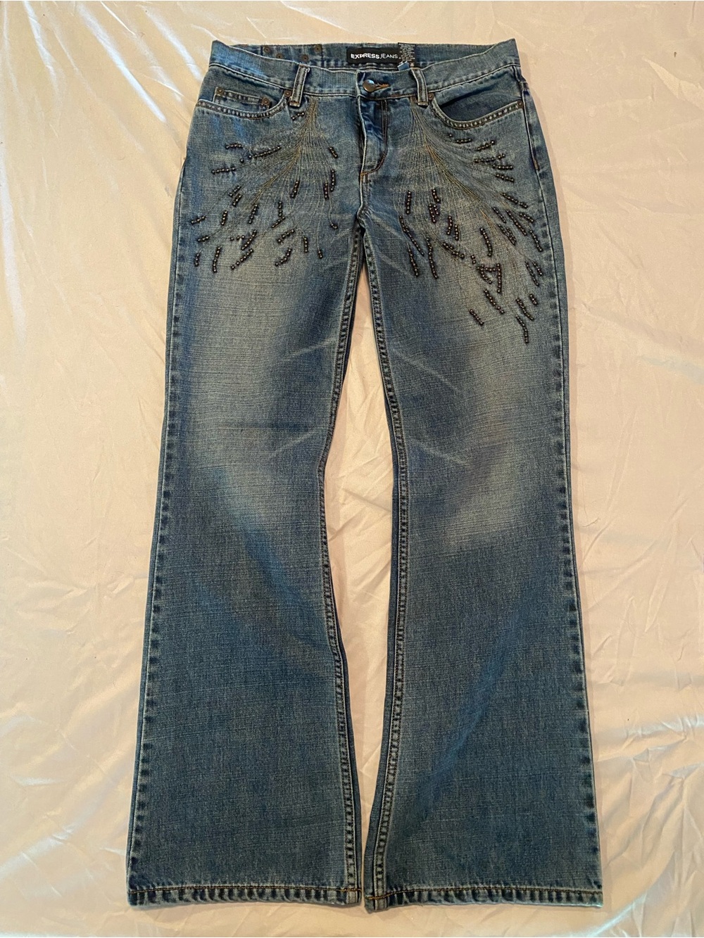 VTG Express Jeans 100% Cotton Studded Sunburst Low Rise Flare Leg 7/8 Y2K - Picture 14 of 15